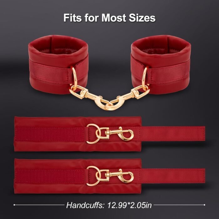 BDSM Bondage Restraints Sex Toys - Adjustable Soft Leather Handcuffs Ankle Cuffs Adult Toy, Furniture Restraint Kit for Men Women Couples SM Game Play | Red - Image 6