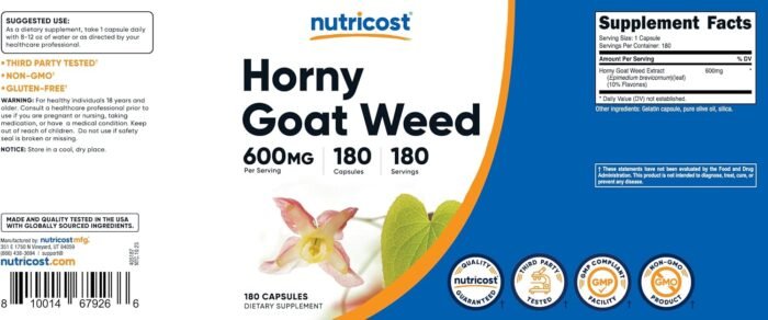 Nutricost Horny Goat Weed Extract (Epimedium) - 180 Capsules, 180 Servings, 600mg Per Capsule - Image 6