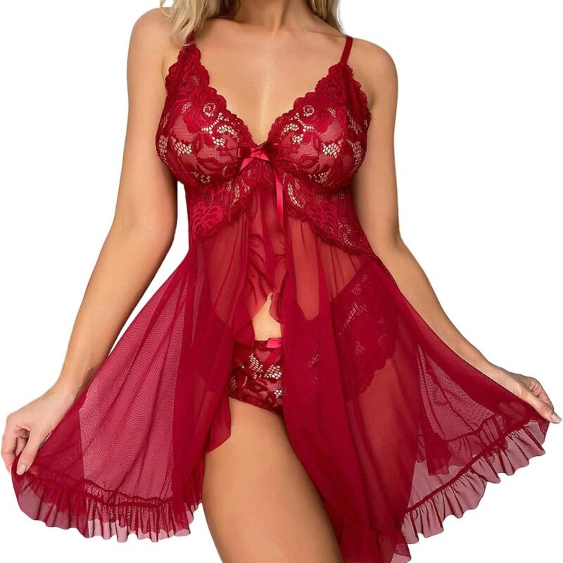 Women's Babydoll Nightie Sexy Lingerie Long Lace Womens Exotic Lingerie Sets Side Split Butterfly Bow Tie Mesh Slutty