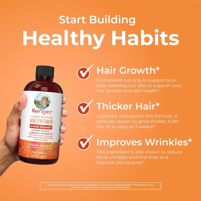 MaryRuth Organics Liquid Multivitamin Lustriva® Hair Growth for Women| Biotin 10000mcg | Vitamin D, B |Clinically Tested for Thicker Hair, Wrinkles, Fine Lines, Skin Care| Ages 18 | 15.22 Fl Oz - Image 5