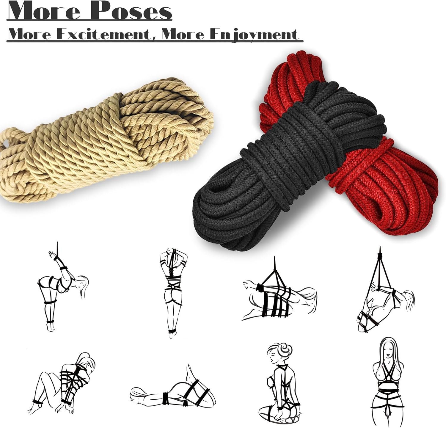 Prosixtoy BDSM Shibari Bondage Rope Restraint Kit for Sex - 3-Pack 49Ft/15M Soft Cotton Ropes SM Slave Fetish Tie-Ups Restraint Kit, Adult Sex Toys BDSM Toys, Red&Black&Yellow - Image 2