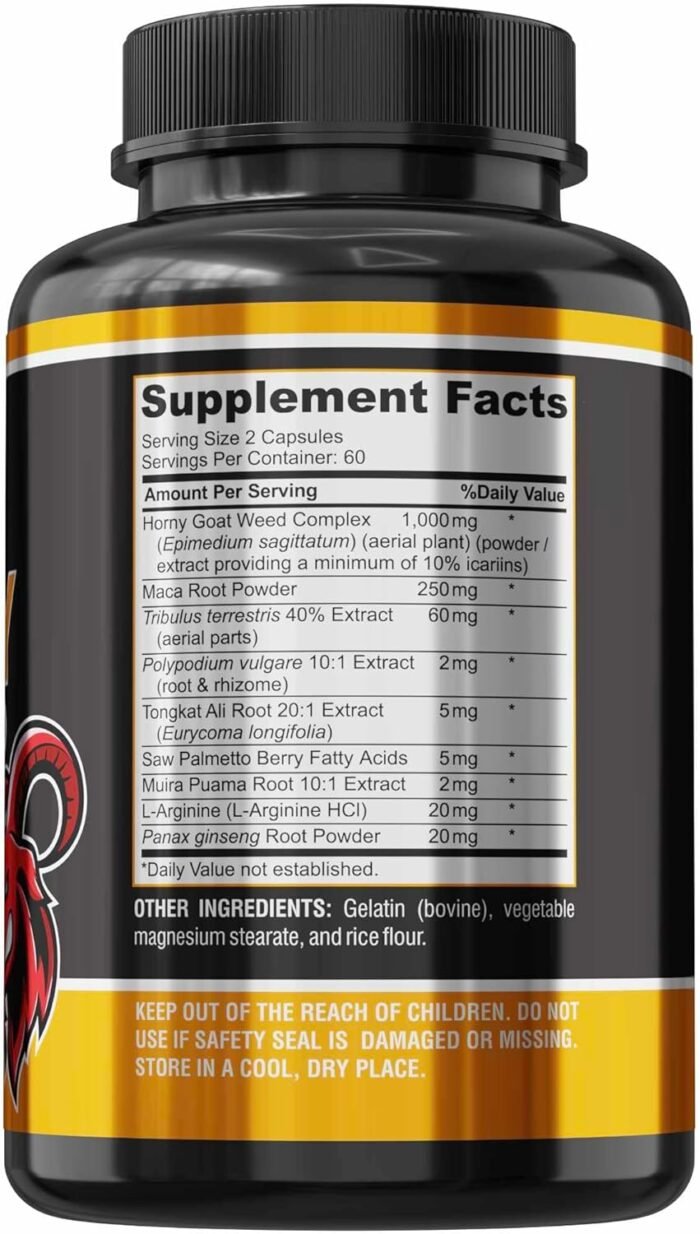 Horny Goat Weed Extra Strength Blend, 120 Capsules, w. Maca, Arginine, Ginseng, Tribulus, Tongkat, Libido, Stamina, Energy Support, Non-GMO Formula, 120 Caps - Image 2