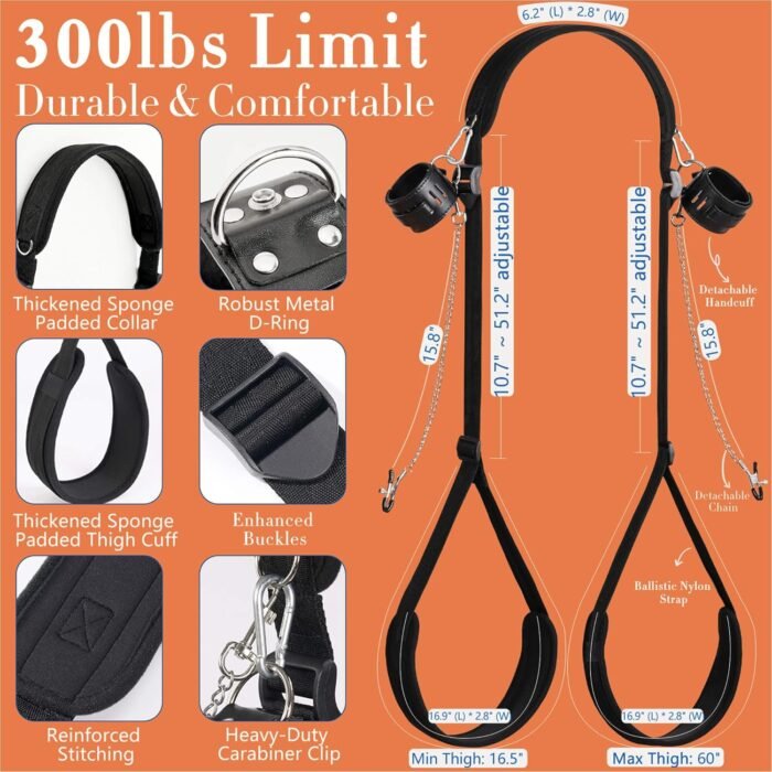Sex Bondage BDSM Kit, Wrist Cuffs Bed Restraints Set, Neck-to-Thigh/Ankle Sling, Adjustable Legs Straps & Handcuffs, Nipple Clamps with Chain, Bondaged Collars Adult Rope Sex Toys for Women Couples - Image 2
