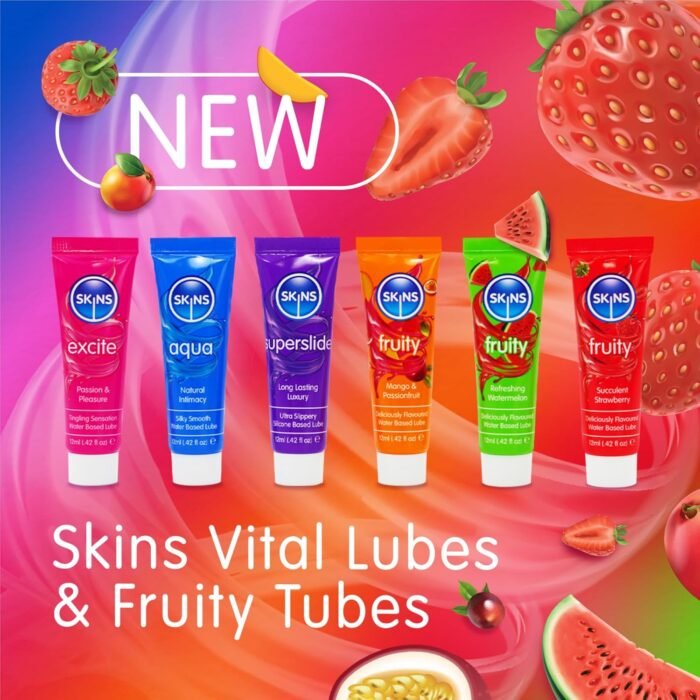 SKINS Sex Lube Set - Water Based Lube, Tingle Lube and a Silicone Lube, with 3 Flavored lube for Couples - Vital Personal Lubricants & Anal Lube Set with Fruity Edible Lube - Image 2