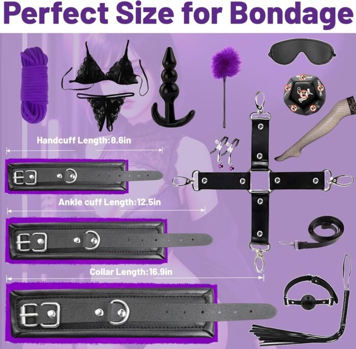 15 PCS Sex Bondage BDSM Kits Restraints, Fetish Handcuffs Ankle Cuff Collar Blindfold Whip Rope Nipple Clamps Paddle Anal Toys Ball Gag Adult Games Foreplay Sexy Toys for Couples - Image 2