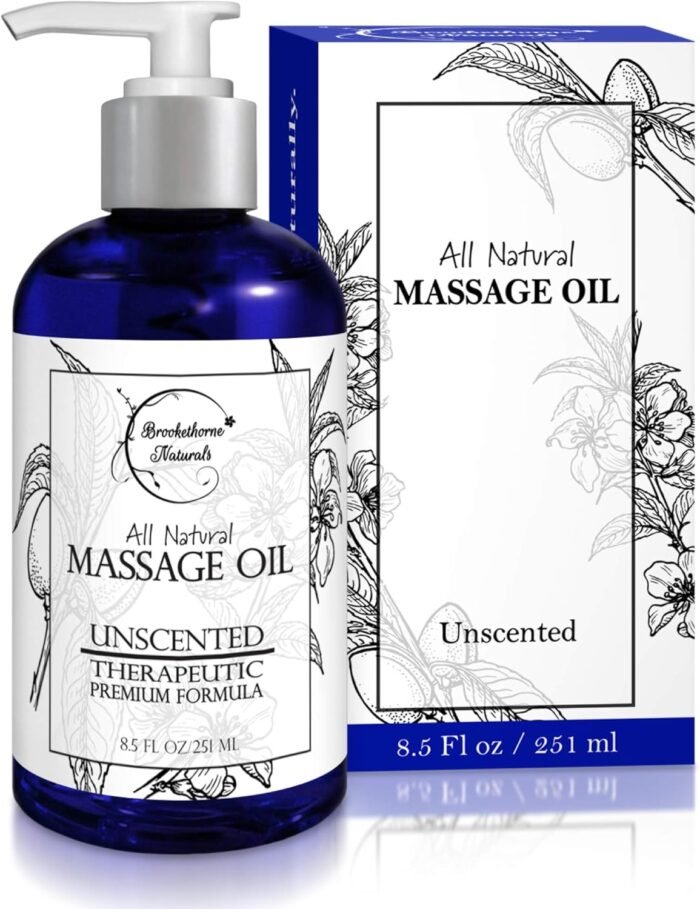Unscented Massage Oil for Massage Therapy – 100% Natural Body Oil with Sweet Almond, Grapeseed & Jojoba for Premium Glide – Pure Carrier Blend for Aromatherapy – Brookethorne Naturals