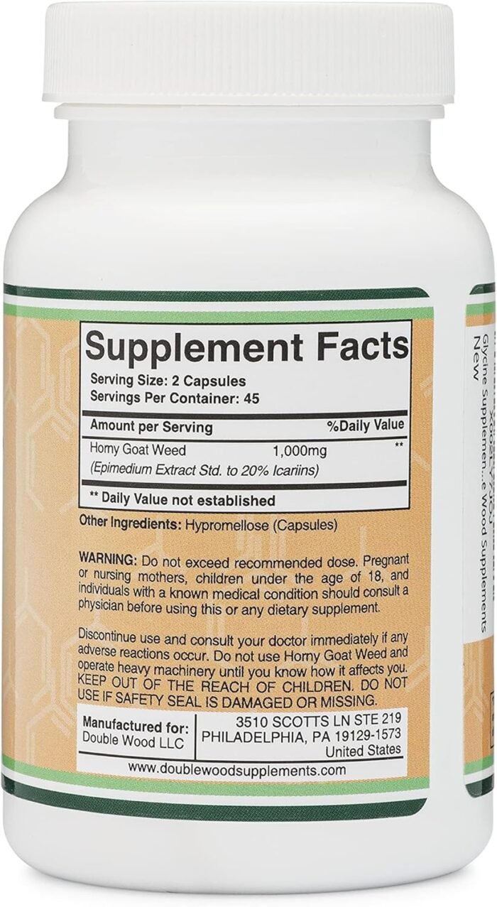 Horny Goat Weed for Men and Women - No Fillers (Max Strength Epimedium Std. to 20% Icariins) 1,000mg per Serving, 90 Capsules (Male Enhancing Supplement) by Double Wood - Image 2