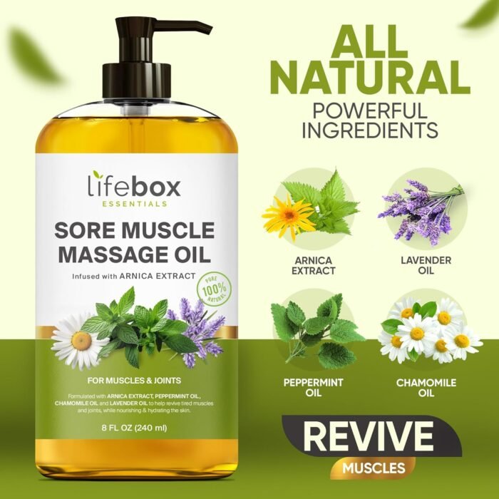 Arnica Sore Muscle Massage Oil – 100% Pure & Natural - Massage Therapy for Muscles & Joints – Body Oil Infused with Arnica Extract, Lavender Oil, Peppermint Oil & Chamomile Oil – 8 FL OZ - Image 5