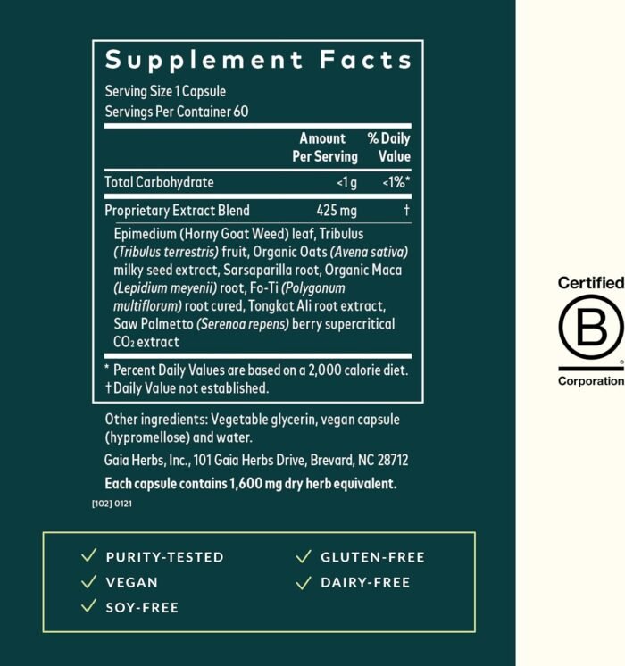Gaia Herbs Male Libido - Herbal Supplement with Saw Palmetto, Horny Goat Weed, Maca & Oats - Supports Stamina, Vitality & Hormone Balance for Men - 60 Vegan Liquid Phyto-Capsules (20-Day Supply) - Image 2