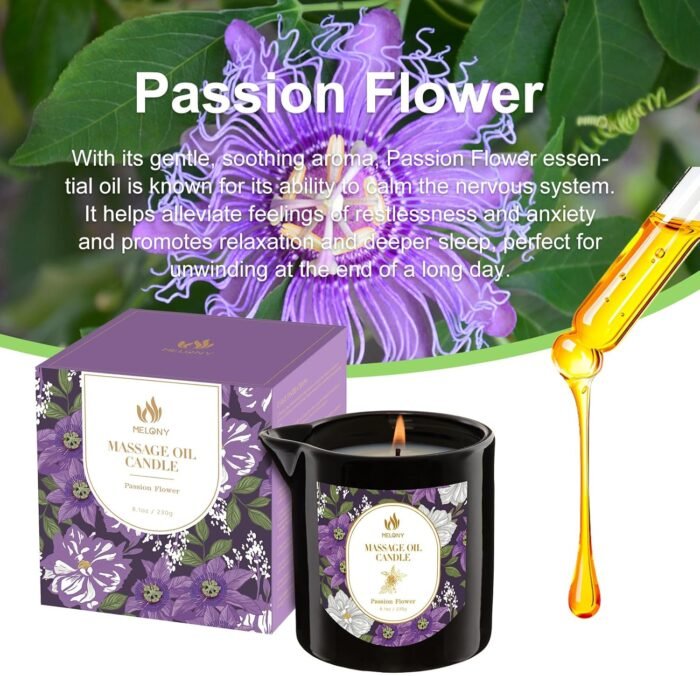 MELONY Massage Oil Candles, Essential Oil Candle Lotion, 8.1OZ/230g, Home Spa with Luxurious Body Oil, Intensive Skin Treatment Candle, Low Temp Body Safe Wax (Passion Flower) - Image 7