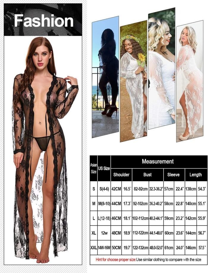 Lingerie for Women Sexy Long Lace Dress Sheer Gown See Through Kimono Robe - Image 6
