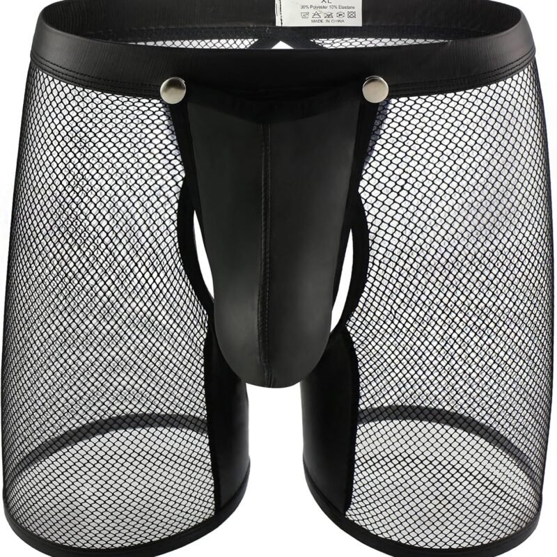 Evankin Men's See Through Sexy Mesh With Faux Leather Loose Shorts Pants Erotic Clubwear Button Removable Pouch