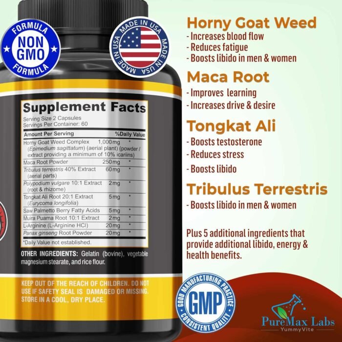 Horny Goat Weed Extra Strength Blend, 120 Capsules, w. Maca, Arginine, Ginseng, Tribulus, Tongkat, Libido, Stamina, Energy Support, Non-GMO Formula, 120 Caps - Image 4