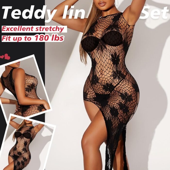 Sexy Lingerie For Women Naughty Rhinestone Sparkle Fishnet Lingerie Set Teddy Erotic Mesh Rave Outfit - Image 3