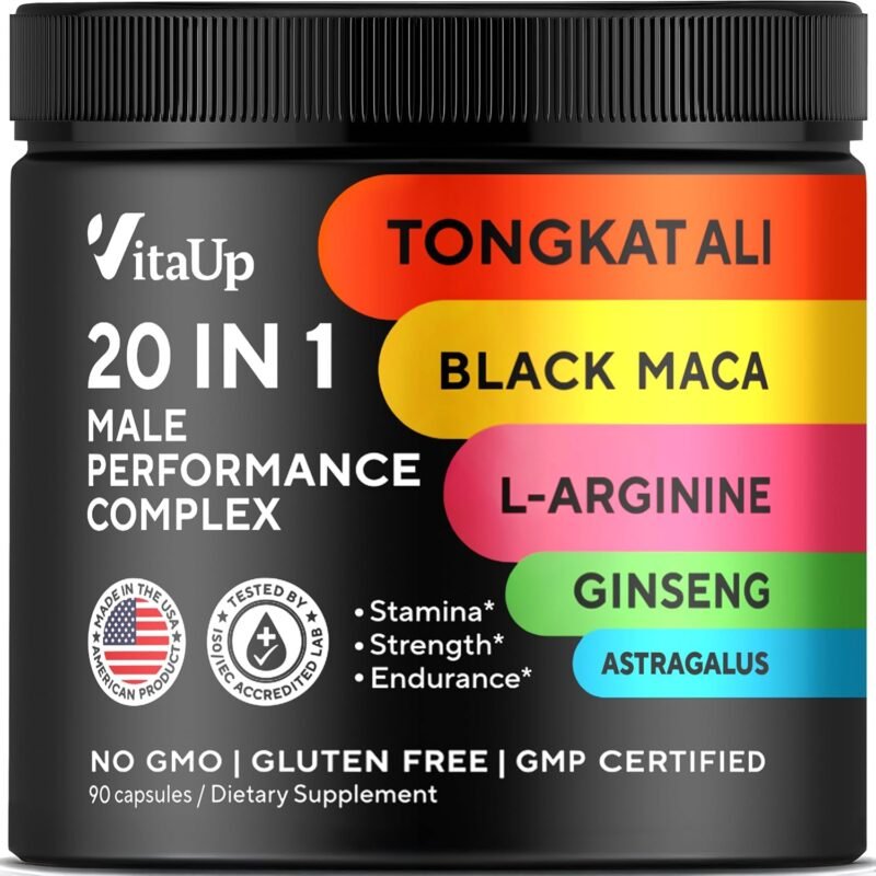 Tongkat Ali for Men 20 in 1 with Astragalus - USA Made Mens Supplement Complex with Black Maca Root, L-Arginine, Ginseng, Calcium, Astragalus for Normal Strength & Endurance Support - 90 Caps