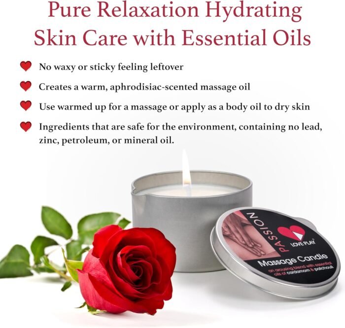 LOVE PLAY Massage Oil Candle for Pure Relaxation and Home SPA - Vegan Moisturizing Body Oil - Hydrating Skin Care with Essential Oils (6.76oz) - Image 5