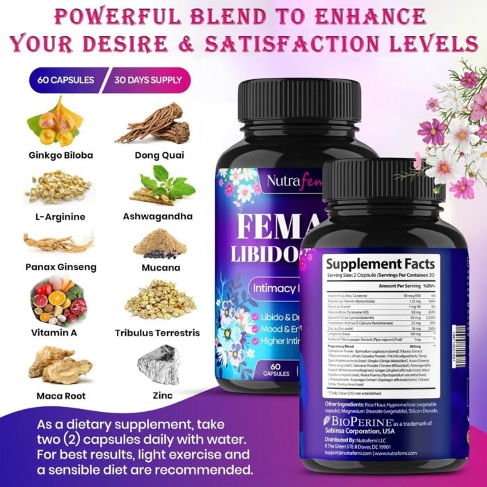 #1 Fast Acting Highly Effective Libido Booster for Women-Female Libido Booster for Hormonal Balance, Mood & Drive - with Maca Root, Ginseng, Tribulus, Gingko & Ashwagandha - 60 Capsules - Image 2
