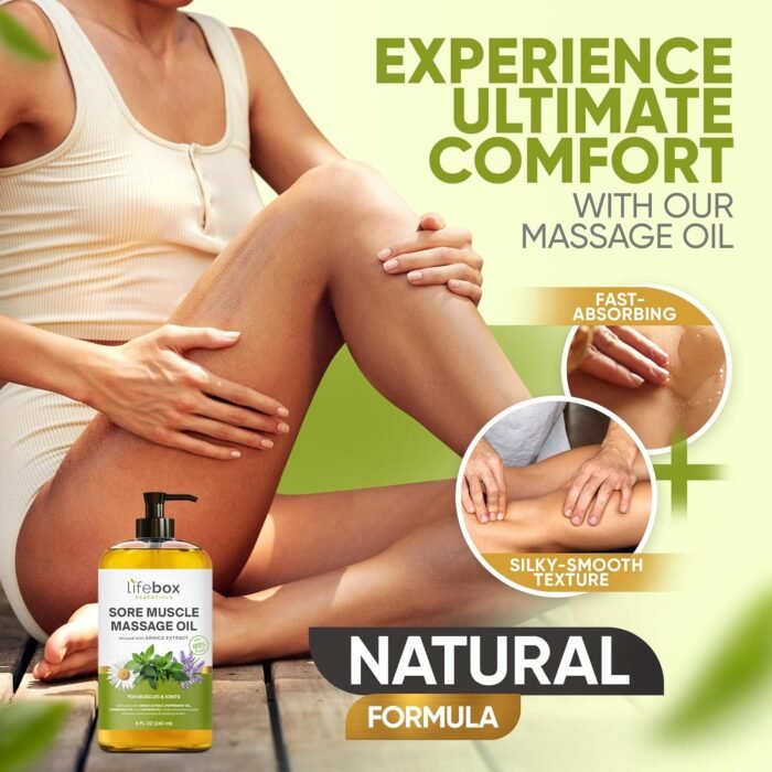 Arnica Sore Muscle Massage Oil – 100% Pure & Natural - Massage Therapy for Muscles & Joints – Body Oil Infused with Arnica Extract, Lavender Oil, Peppermint Oil & Chamomile Oil – 8 FL OZ - Image 6