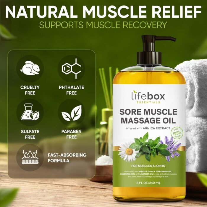 Arnica Sore Muscle Massage Oil – 100% Pure & Natural - Massage Therapy for Muscles & Joints – Body Oil Infused with Arnica Extract, Lavender Oil, Peppermint Oil & Chamomile Oil – 8 FL OZ - Image 7