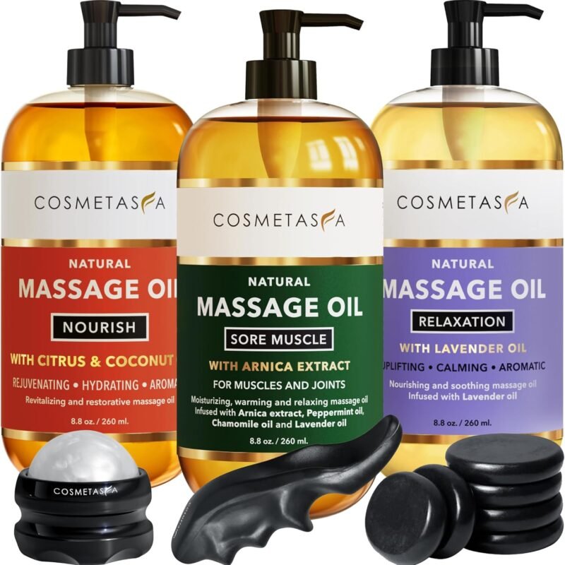 Cosmetasa Luxury Spa Gift Set for Women & Men - Relaxation Lavender Massage Oil, Citrus Coconut Massage Oil, Arnica Sore Muscle Massage Oil with Hot Stones, Roller Ball and Thumb Saver Massage Tools