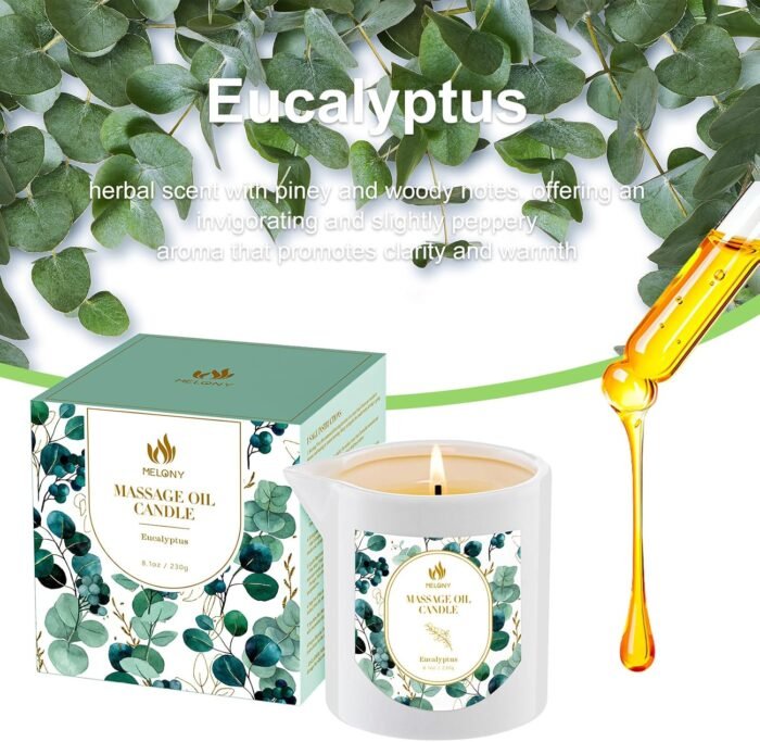 MELONY Massage Oil Candle, Essential Oil Infused, 8.1OZ, Low Temp Body Oil Candle, Intensive Skin Treatment Candle,Natural Soy Wax Lotion Candle for Relaxation, Romantic Gifts (Eucalyptus) - Image 7