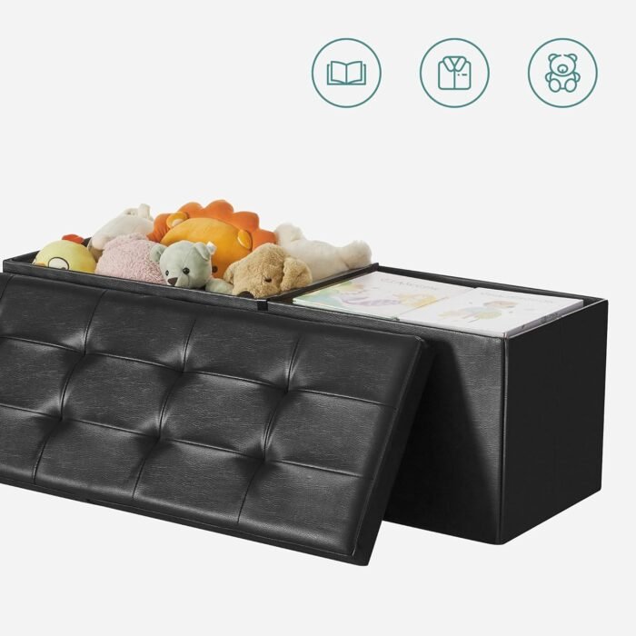 SONGMICS 43 Inches Folding Storage Ottoman Bench with Flipping Lid, Storage Chest Footrest Padded Seat with Iron Frame Support, Black ULSF75BK - Image 4