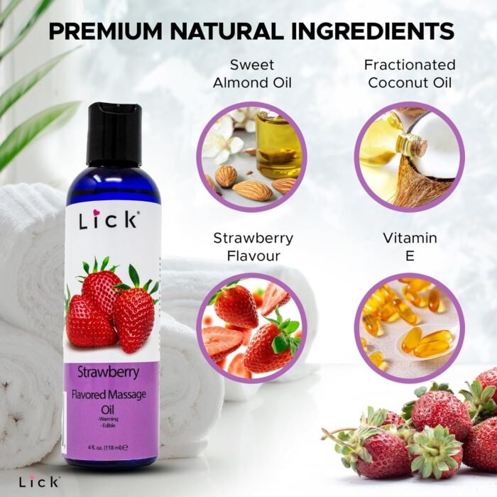 Lick Strawberry Flavored Massage Oil with Natural Vitamin E - Aromatherapy & Moisturizing Body Oil for Relaxing Muscle Massage - Essential Non-Sticky Skin Therapy for Men and Women - 4 oz - Image 2