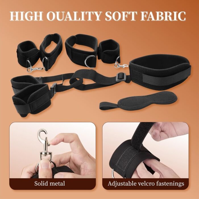 Sex Bondage Wrist & Thigh Cuffs BDSM Restraints Set,Sex Toys for Women Neck to Wrist Restraints Bondage Set,Adjustable Leg Straps Handcuffs,Handcuffs Collar,Blindfold for Bed SM Games Couple Play - Image 3