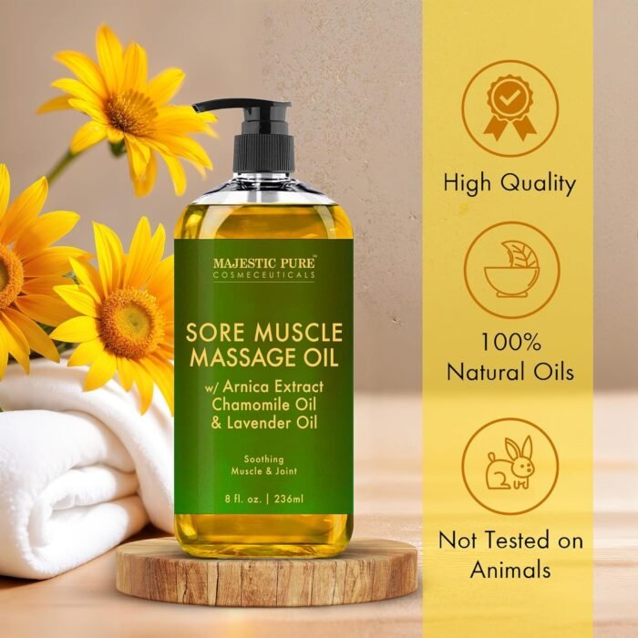 MAJESTIC PURE Arnica Sore Muscle Massage Oil for Massage Therapy - Natural Oil with Lavender and Chamomile Essential Oils - Multipurpose Instant Absorption Full Body Massage Oil - 8 Fl Oz (Pack of 2) - Image 5