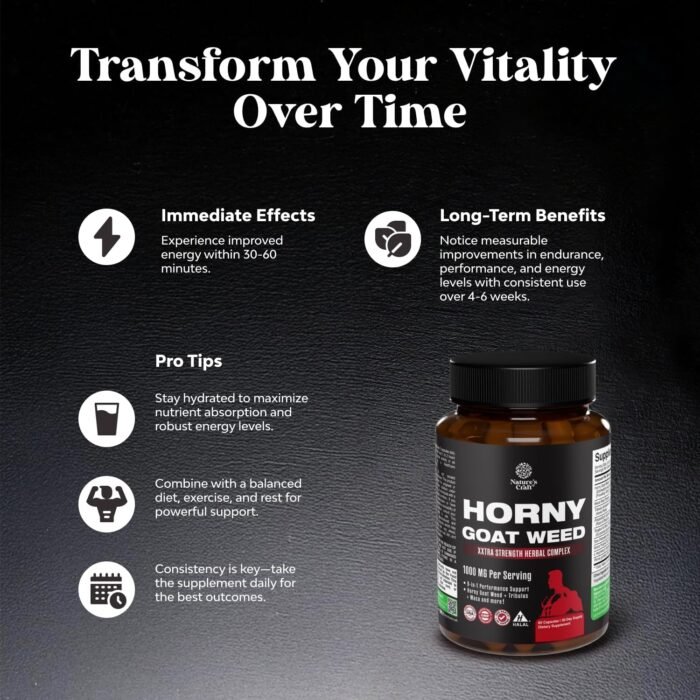 Horny Goat Weed for Men Enhancement - Extra Strength Male Enhancing Supplement with Black Maca Root, Tongkat Ali, Saw Palmetto & Panax Ginseng Extract for Stamina & Energy - 60 Capsules - Image 5