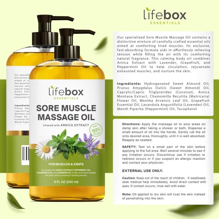 Arnica Sore Muscle Massage Oil – 100% Pure & Natural - Massage Therapy for Muscles & Joints – Body Oil Infused with Arnica Extract, Lavender Oil, Peppermint Oil & Chamomile Oil – 8 FL OZ - Image 4