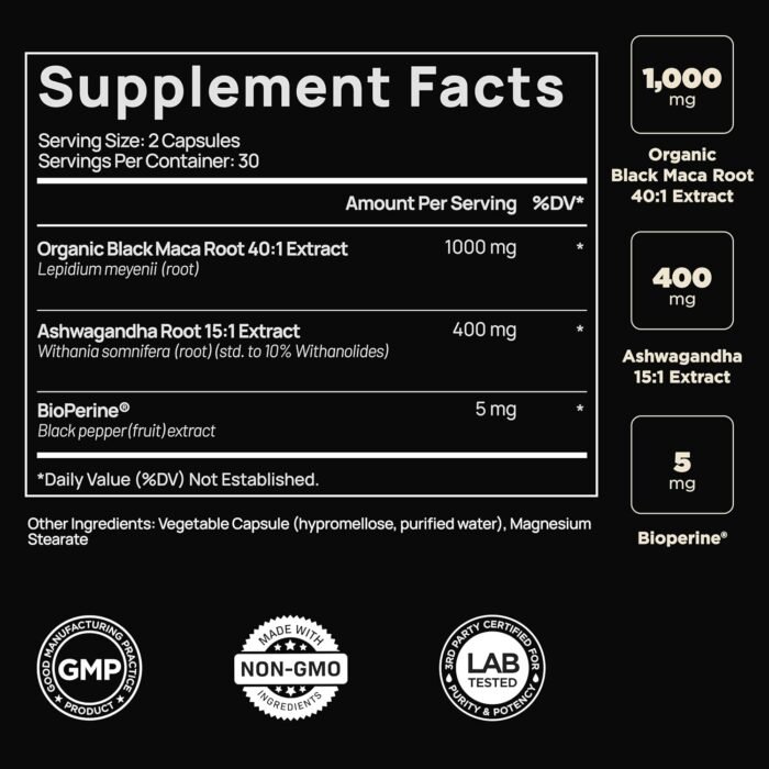 ELMNT 40,000mg 40x Strength Organic Black Maca Root + Ashwagandha - #1 Highest Potency Black Maca Root Capsules for Men Supplement 100% Pure Maca Peruana 40:1 Extract Maca Powder Pills Male Booster - Image 2