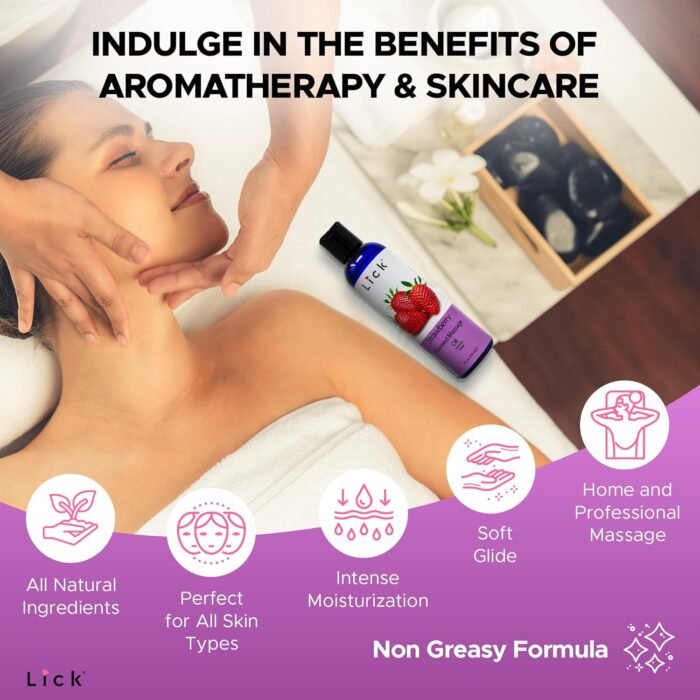 Lick Strawberry Flavored Massage Oil with Natural Vitamin E - Aromatherapy & Moisturizing Body Oil for Relaxing Muscle Massage - Essential Non-Sticky Skin Therapy for Men and Women - 4 oz - Image 4