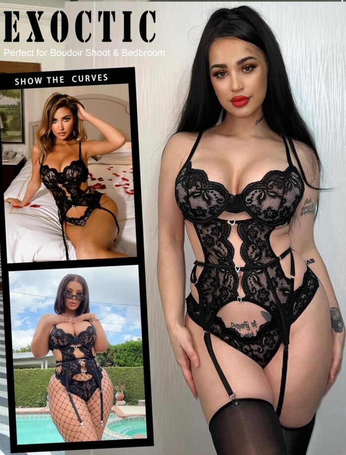 Avidlove Sexy Garter Lingerie Set for Women Lace Bodysuit Cut Out Rhinestone Underwire Teddy with Panty - Image 3