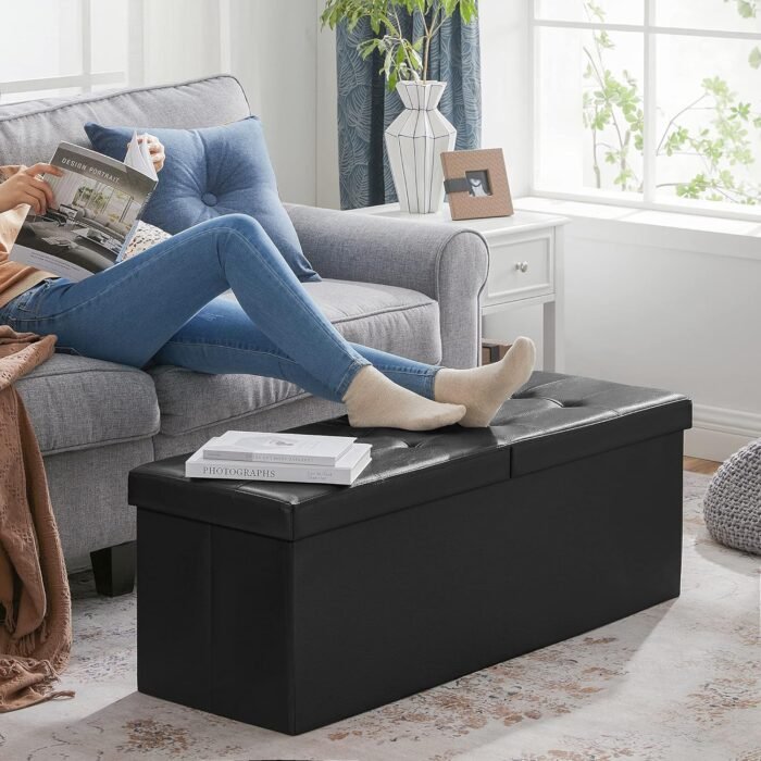 SONGMICS 43 Inches Folding Storage Ottoman Bench with Flipping Lid, Storage Chest Footrest Padded Seat with Iron Frame Support, Black ULSF75BK - Image 5
