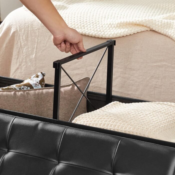 SONGMICS 43 Inches Folding Storage Ottoman Bench with Flipping Lid, Storage Chest Footrest Padded Seat with Iron Frame Support, Black ULSF75BK - Image 9