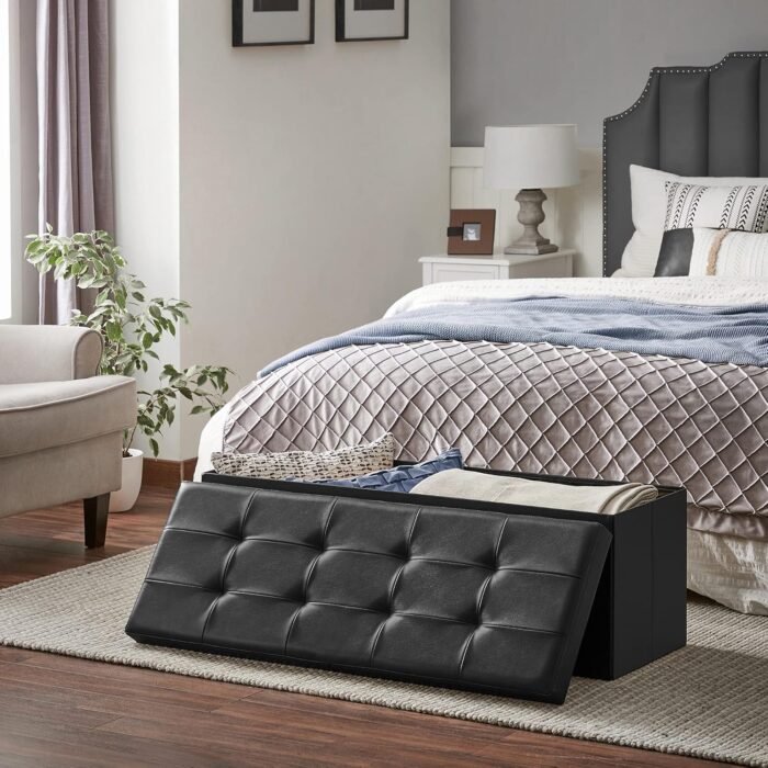 SONGMICS 43 Inches Folding Storage Ottoman Bench with Flipping Lid, Storage Chest Footrest Padded Seat with Iron Frame Support, Black ULSF75BK - Image 8