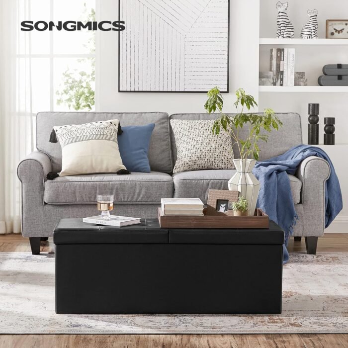 SONGMICS 43 Inches Folding Storage Ottoman Bench with Flipping Lid, Storage Chest Footrest Padded Seat with Iron Frame Support, Black ULSF75BK - Image 2