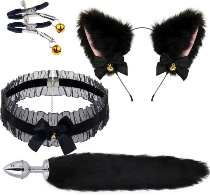 Cute Fox Tail Anal Butt Plug with Faux Silver Fox Tail Butt Plugs with Cat Ears Headband Anal Sex Toys Couples Lover Flirting Libido Stimulation Toys (Color : 4pcs-Black) - Image 2