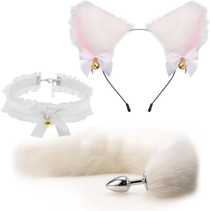 Cute Fox Tail Anal Butt Plug with Faux Silver Fox Tail Butt Plugs with Cat Ears Headband Anal Sex Toys Couples Lover Flirting Libido Stimulation Toys (Color : 4pcs-Black) - Image 3