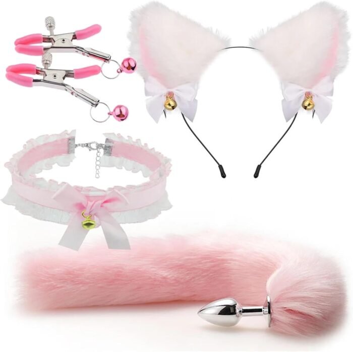 Cute Fox Tail Anal Butt Plug with Faux Silver Fox Tail Butt Plugs with Cat Ears Headband Anal Sex Toys Couples Lover Flirting Libido Stimulation Toys (Color : 4pcs-Black) - Image 5