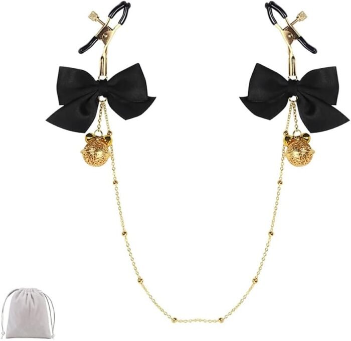 Adjustable Nipple Clamps with Chain Non Piercing Nipple Clips with Bells Attractive Nipple Clip Body Jewelry (Black A)