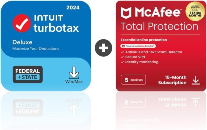 TurboTax Deluxe 2024 Tax Software, Federal & State [PC/MAC Download] & McAfee Total Protection 5 Devices