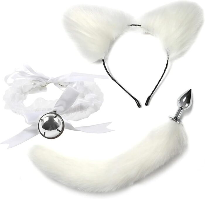 Stainless Steel Anal Butt Plug with Faux Silver Fox Tail Butt Plugs with Cat Ears Headband Anal Sex Toys Couples Lover Flirting Libido Stimulation Toys (Color : Black 4 Pcs Set) - Image 6