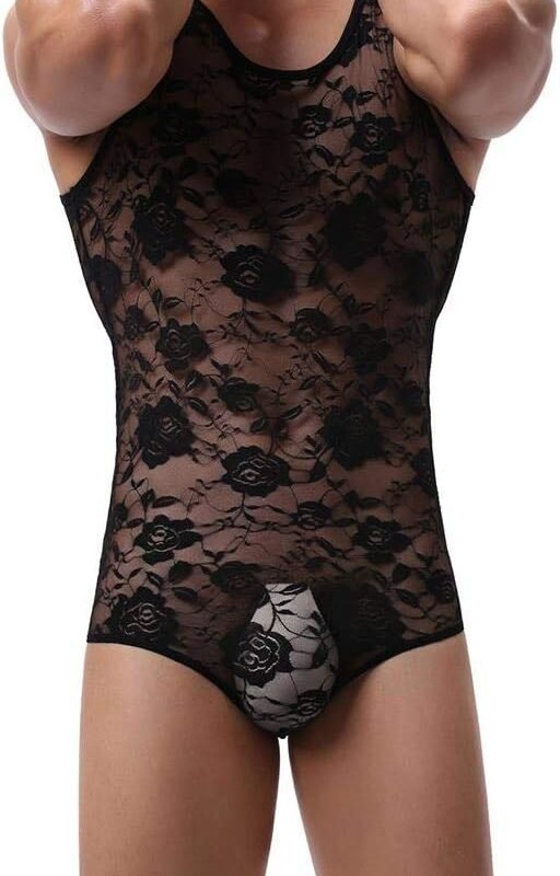 Men's Sheer Lace Lingerie Bodysuit Floral Sissy Thong Leotard Sleeveless Singlet Crossdresser One Piece Nightwear