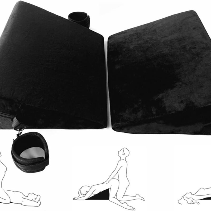 Sex Pillow Furniture Cushion 2 Pcs BDSM Restraint Sex Toys Triangle for Couples Position Adult Women with Handcuffs (Black)