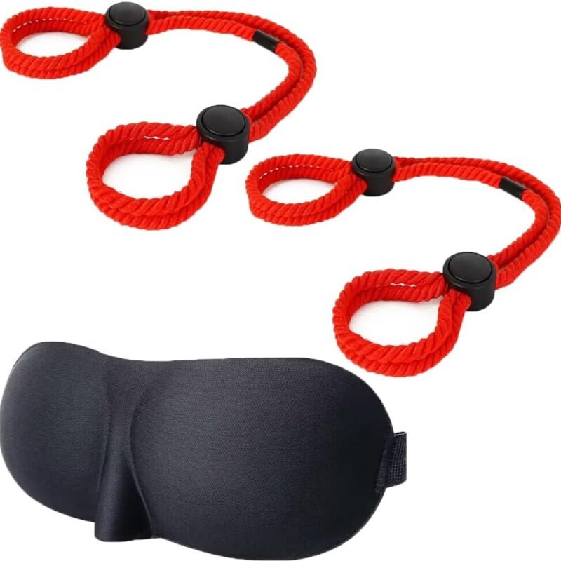 2 Pcs BDSM Sex Restraints Adjustable Bondage Rope for Couples Sex Toy,Handcuffs Ankle Cuffs with Blindfold Restraint Bondaged Kit for Couples Sex Adjustable Set SM Play for Men Women (Red)