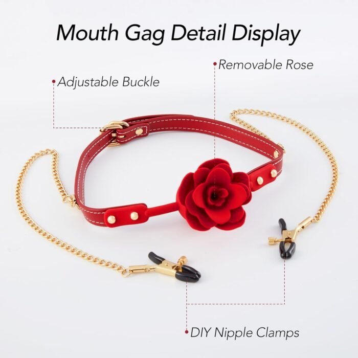 Silicone Rose Mouth Ball Gag - UTIMI Breathable Open Mouth Gag Ball with Removable Nipple Clitoris Clips Adult Bondage Restraints BDSM Sex Toy for Men Women and Couple Foreplay | Red - Image 6