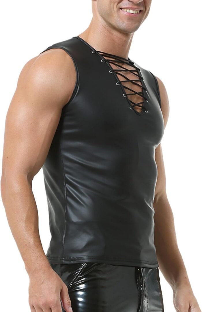 QiaTi Men's Faux Leather Undershirt Wetlook Tank Top Shirt Chest Lace Up Sleeveless Vest Sport Muscle - Image 3