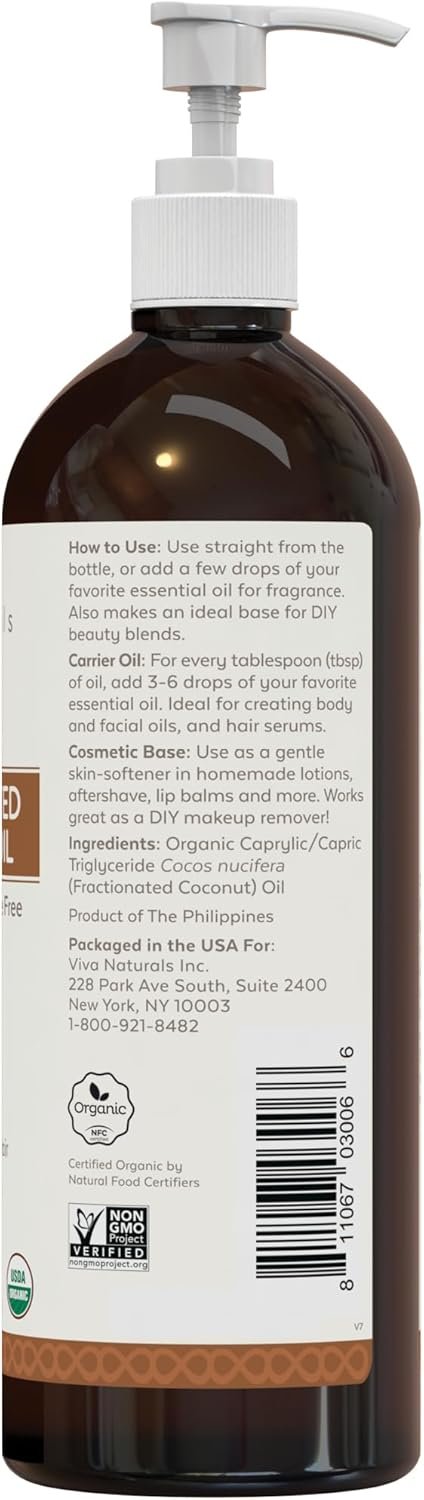 Viva Naturals Organic Fractionated Coconut Oil - Skin & Hair Moisturizer, Relaxing Massage and Body Oil, Carrier Oil for Essential Oils Mixing, Pure Non-Greasy Coconut Oil for Skin and Hair, 16 fl oz - Image 9